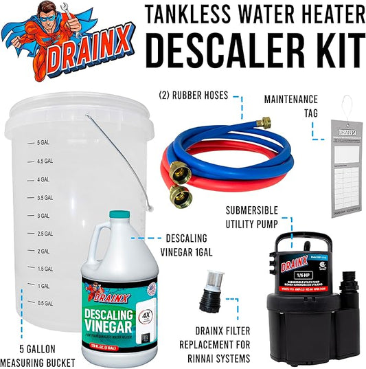 DrainX Tankless Water Heater Flushing Kit Includes Pump, Hoses, 5-Gallon Bucket, Concentrated Vinegar, and Replacement Filter for Rinnai Systems