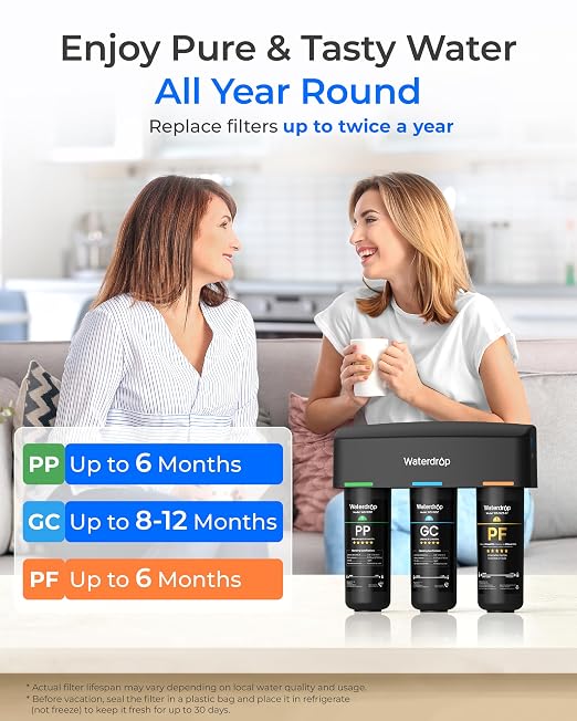 Waterdrop TSB-PF Under Sink Water Filter System, Reduces 80+ Impurities | Reduces PFAS, Chlorine, Chloramine, Fluoride, Odor, VOCs, Chloroform, Under Sink Water Filtration System,with Faucet, 9 Layer