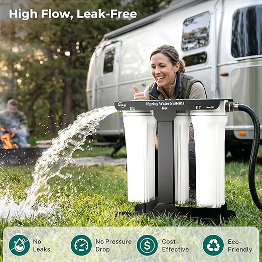iSpring CW31 RV Water Filter System, 3-Stage RV Water Filtration System for Campers, 3/4'' Lead-Free Brass Hose Quick Connectors, Tankless, High Capacity, White