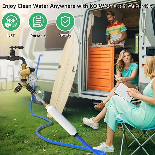 KORVOS All in One Fresh Water Kit, RV Water Pressure Regulator, Inline Water Filter, Hose Splitter, Brass Elbow, Flexible Connector, Hose Quick Connects, Leak Repair Kit, and Carrying Case