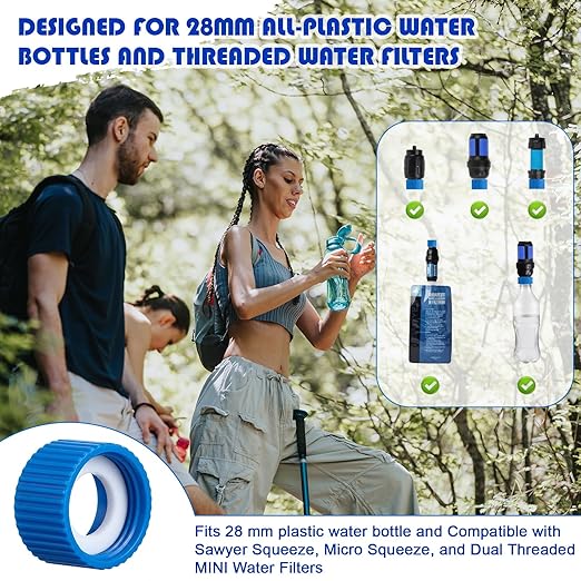 Gerrii 4 Pcs Water Filter Coupling Kit Compatible with SP150, 28 mm Threaded Filtration Couplings for Standard Plastic Bottles, Cleaning Couplers with Gasket Seals for Hiking, Camping (Blue)