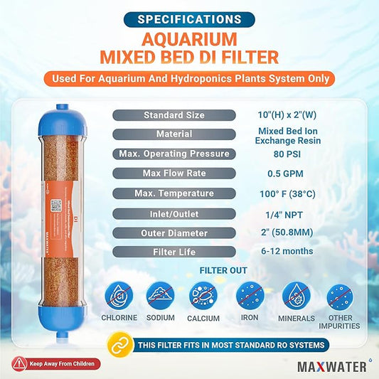 (2 Pack) Mixed Bed Ion Exchange Aquarium Filter Resin 0 PPM RO DI Refillable Housing, Compatible with 10" Reverse Osmosis Water Filtration Systems, for High TDS in Water