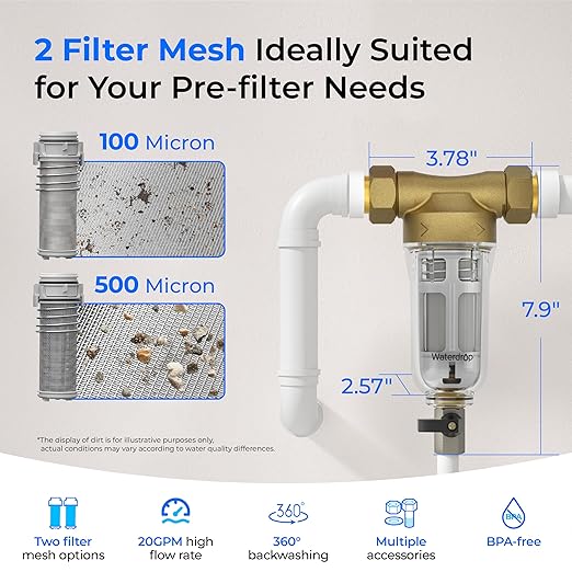 Waterdrop RPFK15 Spin Down Sediment Filter, 100 Micron+500 Micron | Backwash Whole House Water Filter System for City/Well Water, 1" MNPT + 3/4" FNPT + 3/4" MNPT, Traps Sand, BPA Free