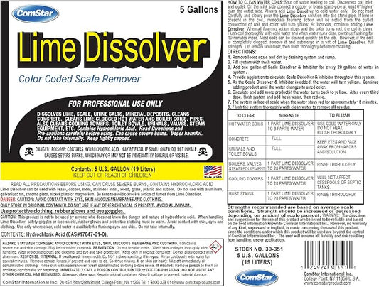 Lime Dissolver, 5 Gallon & Scale Remover, Industrial Strength Descaler for Cooling Towers, Boilers, Coils, Urinals, Toilet Bowls, Ice Machines, Lab Equipment, Rust & Stain Cleaner (30-351)