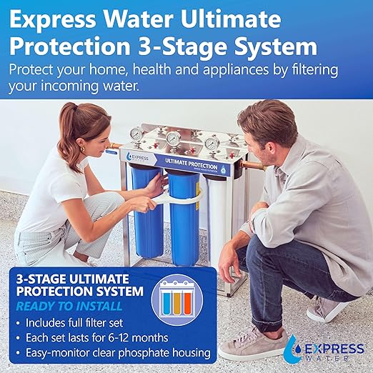 Express Water 3-Stage Whole House Water Filter System, Reduces Scale, Heavy Metals, PFAs, Lead, Arsenic, Chlorine & Chloramine, Includes Free-Standing Stainless Steel Frame & 3 Pressure Gauges