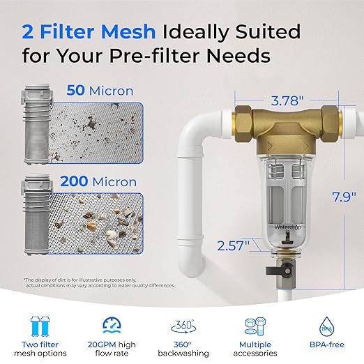 Waterdrop RPFK52 Spin Down Sediment Filter, 50 Micron+200 Micron | Backwash Whole House Water Filter System for Well Water, 1" MNPT + 3/4" FNPT + 3/4" MNPT, Traps Sand, BPA Free