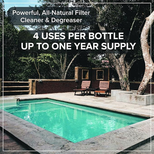 Pool Filter Cleaner - 6 MONTH SUPPLY - 2 to 4 Uses - 32 oz Concentrated Pool Cartridge Filter Cleaner - Removes Dirt, Grease, Oil - No Foam or Residue - Soak & Spray Cleaner - Safe, Natural, Effective