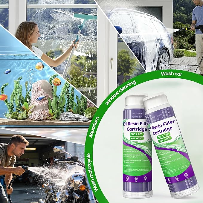 Mixed Bed DI Resin Filter Cartridge, 10''x 2.5'' DI Color Changing Replacement Cartridge, Deionized Resin for Spot-Free Car Wash System, Window Cleaning & Aquarium, 2-Pack
