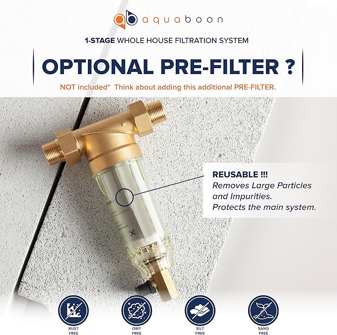 Aquaboon 2-Stage Whole House Water Filter System 20x4.5 with CTO & String Wound Water Filter Cartridges | Wrench, Bracket, Release & Gauges Included