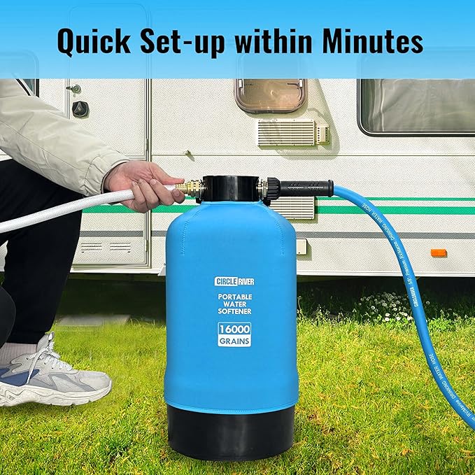 RV Water Softener with Water Hose, 16000 Grains 3/4" Brass Fittings Food-Grade Resin Soften Hard Water Improve Water Quality Portable Water Softener for RV, Trailers