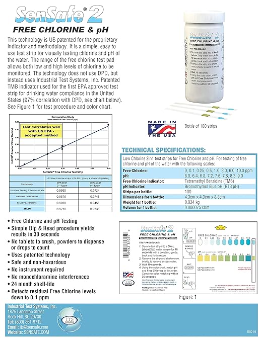 Industrial Test Systems 481025 SenSafe® Chlorine 2 (EPA FC/pH) Test Strips