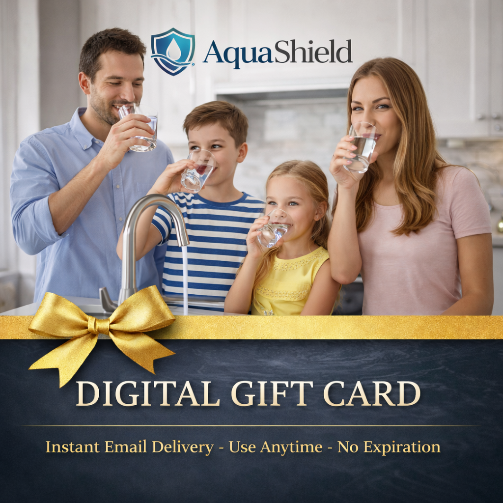 Family at a kitchen sink with AquaShield digital gift card overlay