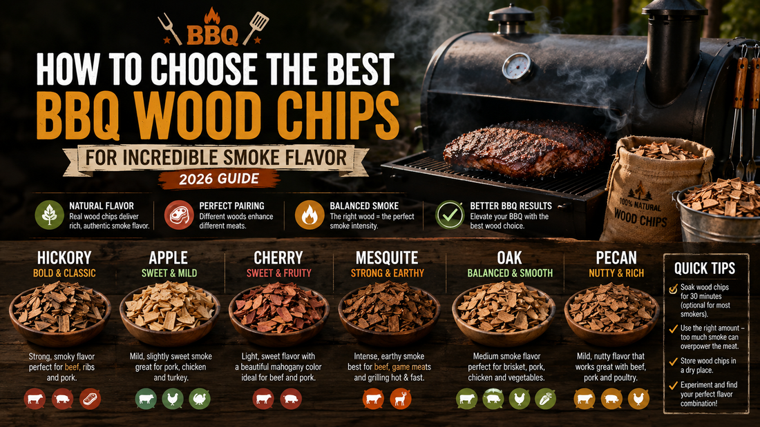 BBQ wood chips for smoking meat beside a backyard smoker with hickory, apple, cherry, oak, and mesquite wood varieties