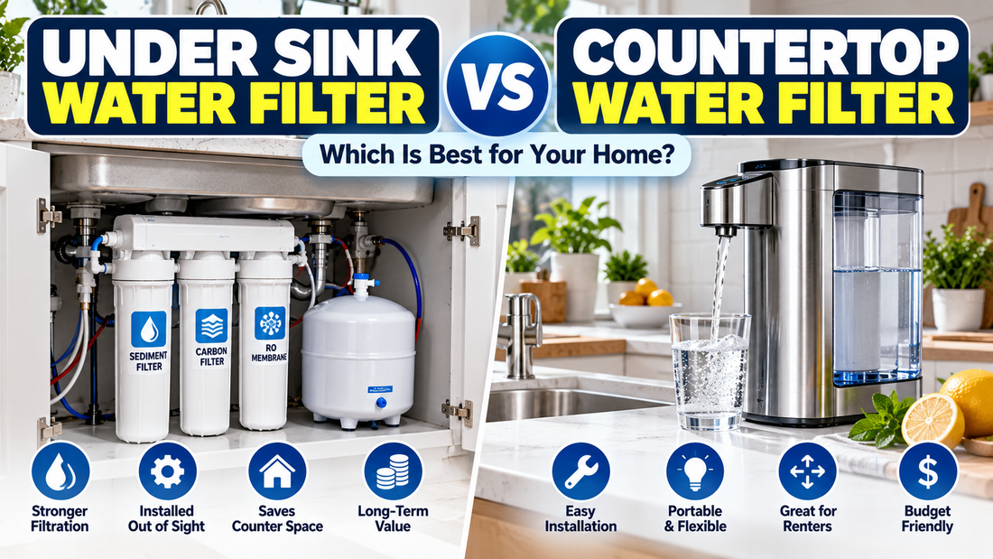 Under sink water filter vs countertop water filter comparison showing two home drinking water filtration systems installed in a modern American kitchen
