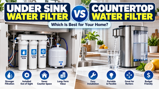 Under sink water filter vs countertop water filter comparison showing two home drinking water filtration systems installed in a modern American kitchen