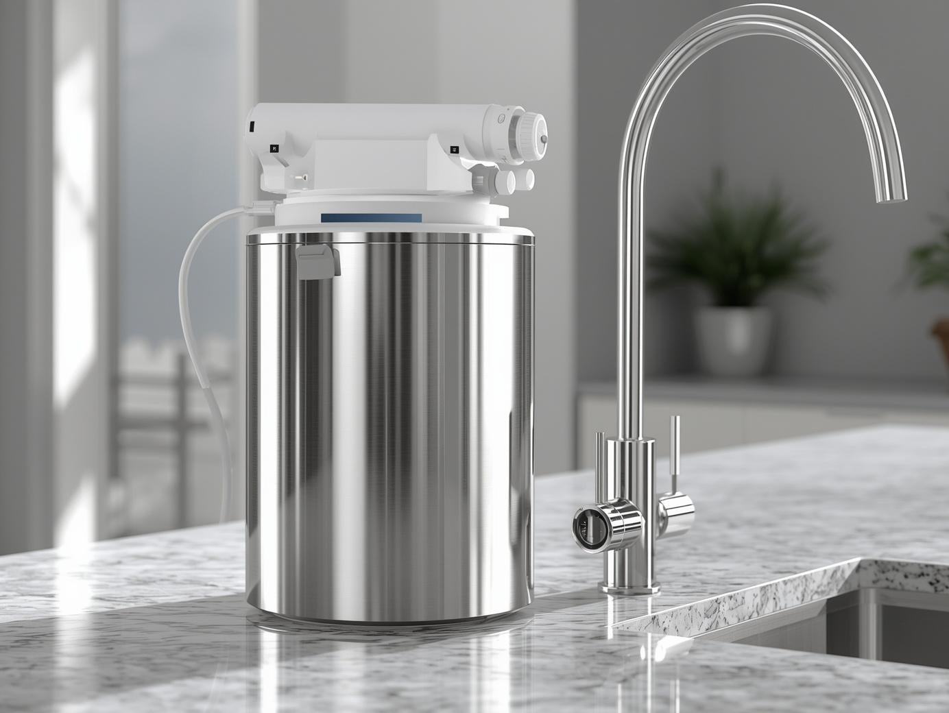 countertop reverse osmosis water filtration system placed on modern kitchen counter providing purified drinking water using advanced multi stage RO membrane filtration removing chlorine heavy metals PFAS and dissolved solids without installation