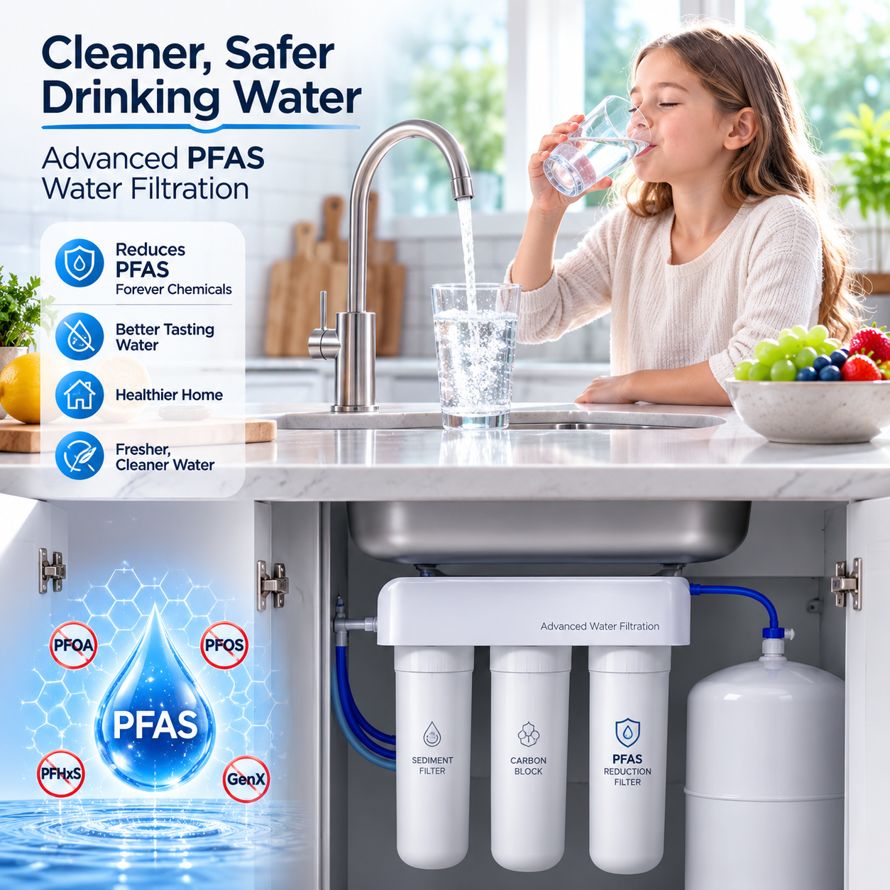 Modern PFAS water filter system installed in a contemporary kitchen providing cleaner drinking water