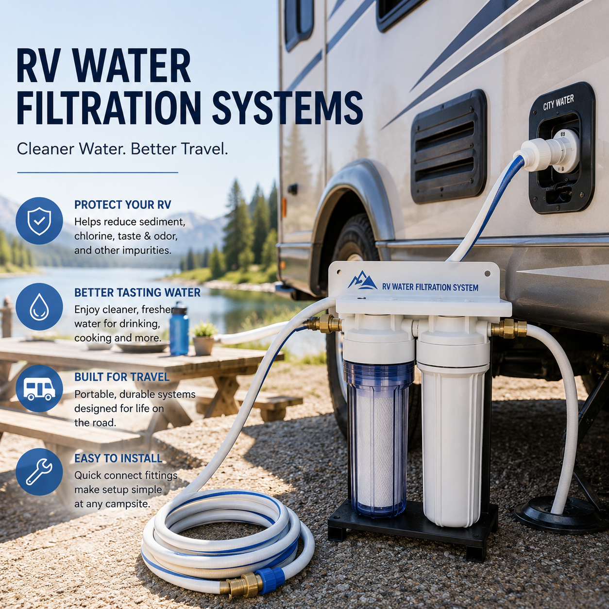 Portable RV water filtration system connected to a recreational vehicle water supply at a campground