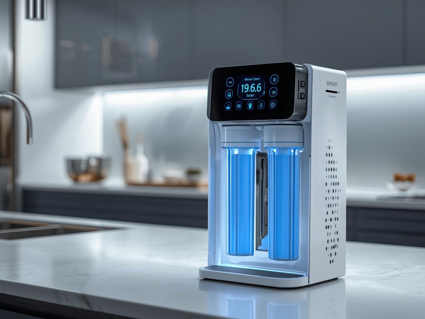 smart reverse osmosis water filtration system installed under kitchen sink featuring digital monitoring display and advanced RO membrane technology providing purified drinking water with intelligent filtration system for modern smart home kitchens