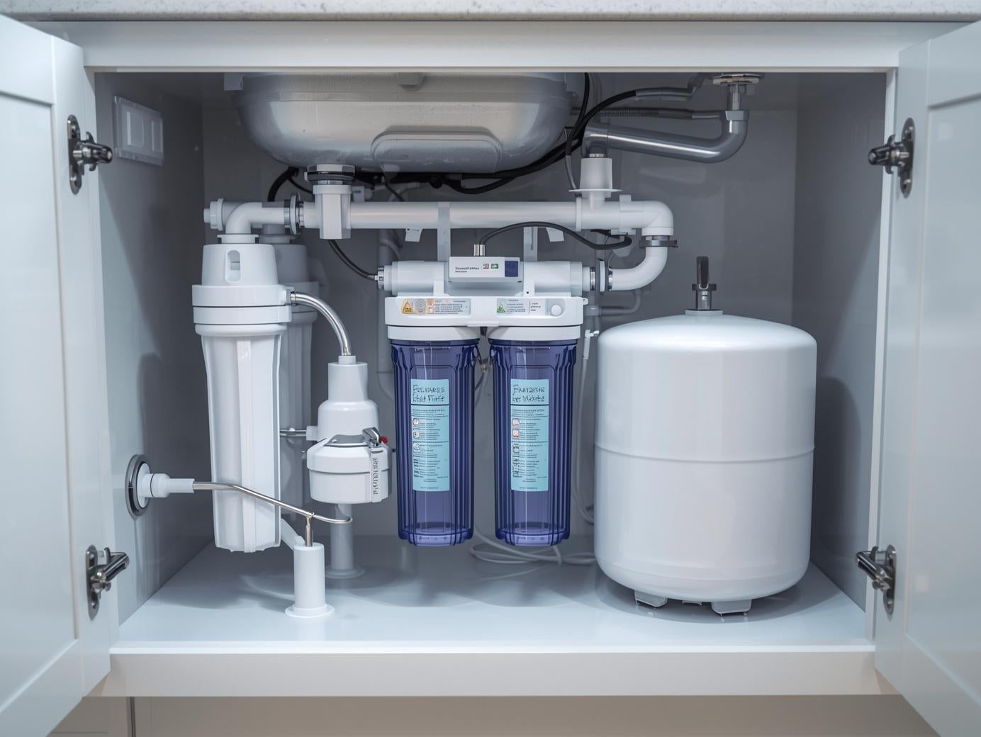 under sink reverse osmosis water filtration system installed in kitchen cabinet providing purified drinking water with multi stage RO membrane filtration removing chlorine lead heavy metals and dissolved solids