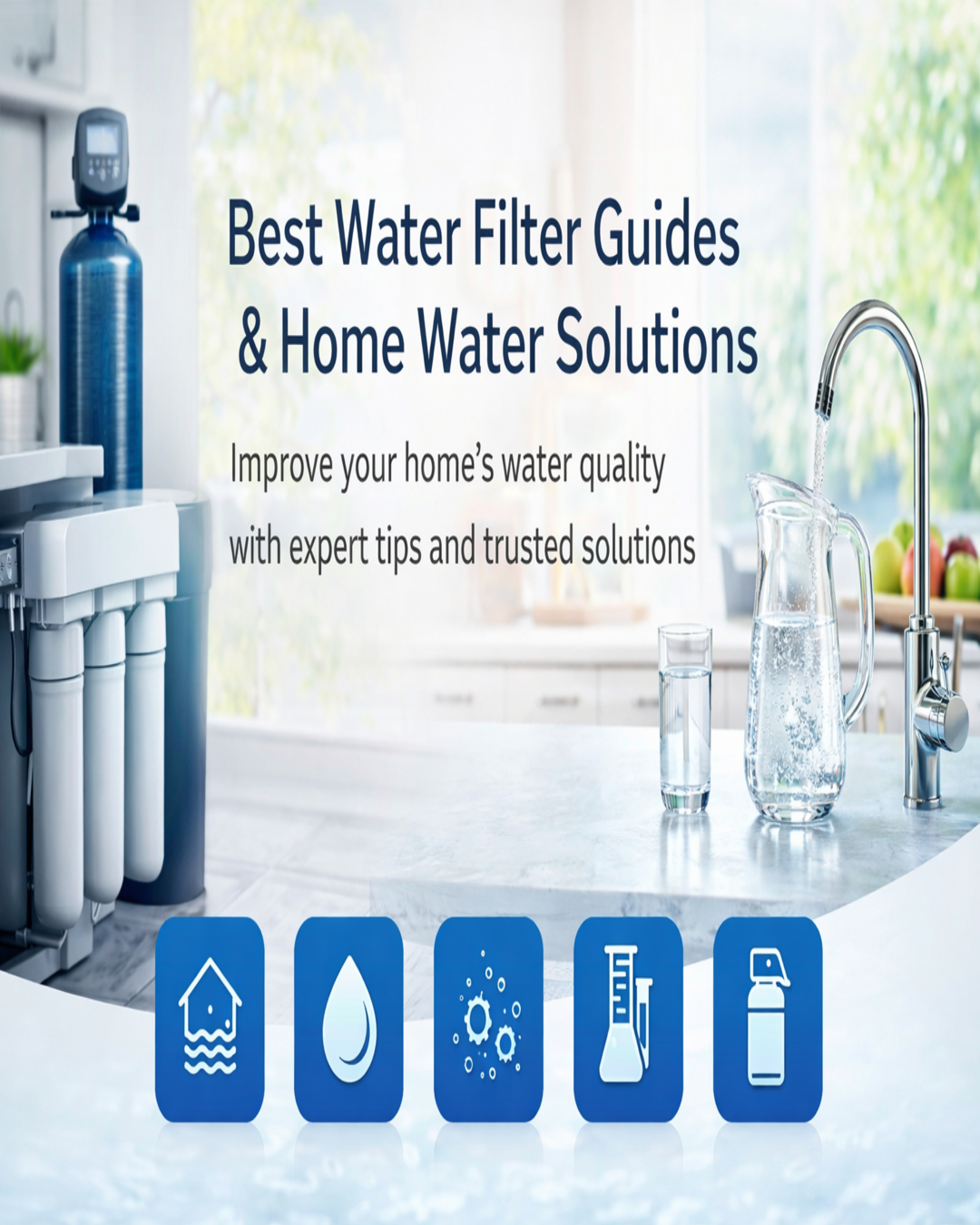 Kitchen setting with water filter system and pitcher, promoting home water solutions.