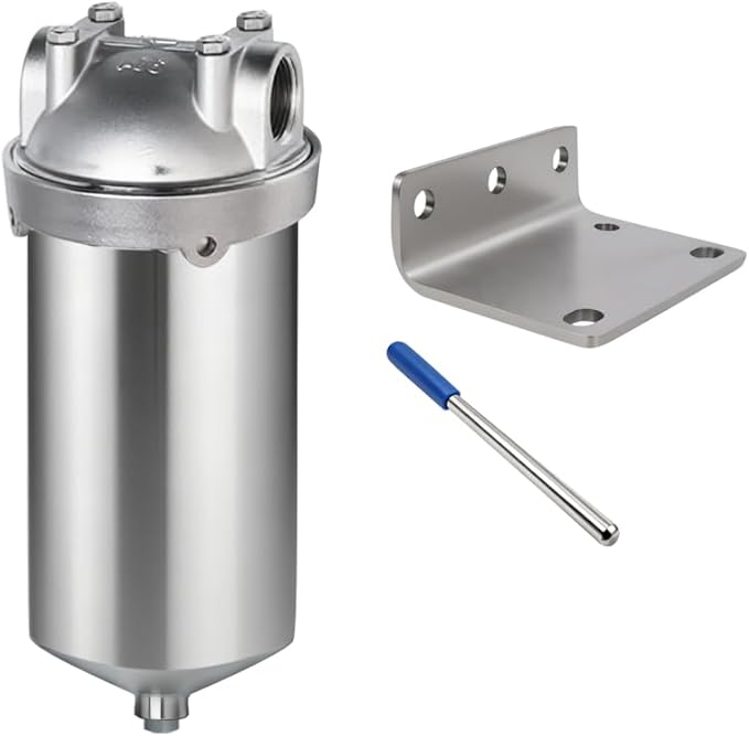 Amwater NSF/ANSI 42 Stainless Steel Whole House Water Filter Housing, 5" x 2.5" Sediment Water Filter System for Heavy Duty, Well & City Water, 3/4" NPT Port, Drain Valve Style C(Square Head)