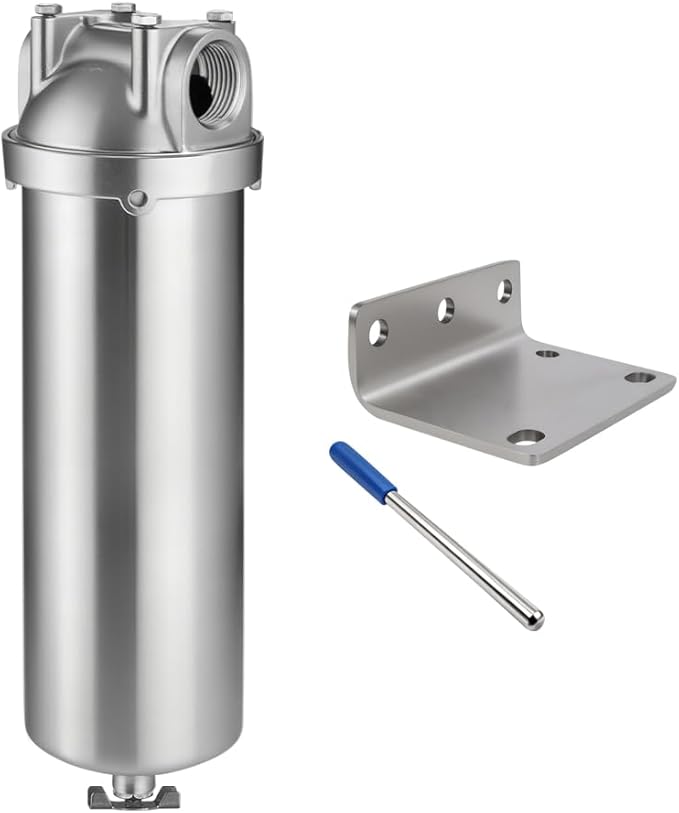 Amwater NSF/ANSI 42 Stainless Steel Whole House Water Filter Housing, 10" x 2.5" Sediment Water Filter System for Heavy Duty, Well & City Water, 1/2" NPT Port, Drain Valve Style A(Wing)
