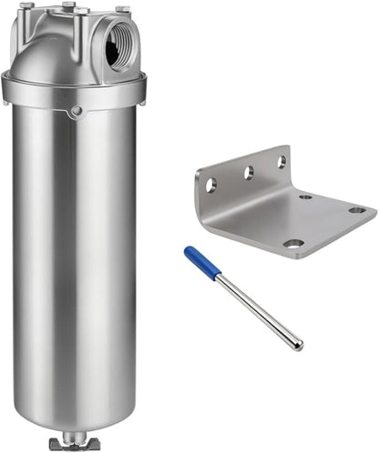Amwater NSF/ANSI 42 Stainless Steel Whole House Water Filter Housing, 10" x 2.5" Sediment Water Filter System for Heavy Duty, Well & City Water, 1" NPT Port, Drain Valve Style A (Wing)