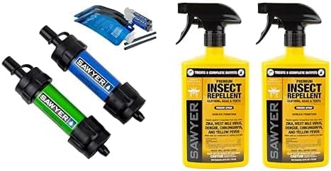 SP2101 MINI Water Filtration System, 2-Pack, Blue and Green + Sawyer Products SP6572 Twin Pack Premium Permethrin Clothing Insect Repellent Trigger Spray, 24 oz,Yellow