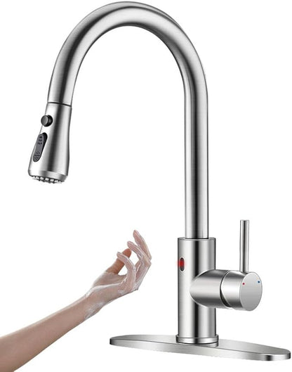 Touchless Kitchen Faucet with Pull Down Sprayer for Kitchen Sink, Single Handle Motion Sensor Faucet with LED Light and Dual-Function Spray, Hands-Free Brushed Nickel Stainless Steel