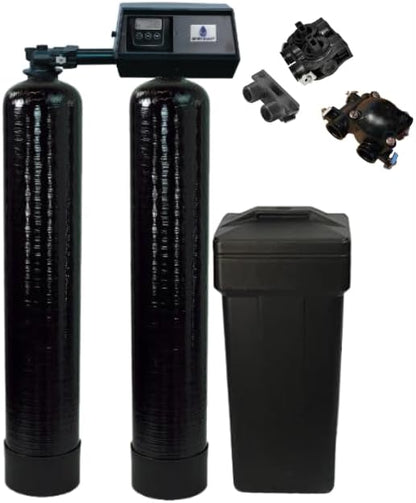 AFWFilters Premium Purolite C100E Resin Fleck 9100SXT Twin Tank Dual Metered, On Demand Water Softener, 48,000 Grains per Tank, 96,000 Grains Total Capacity, 24/7 Soft Water, Complete System