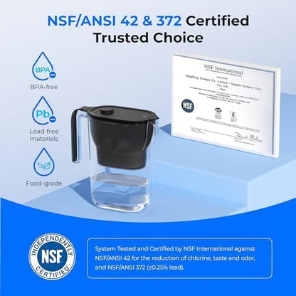 Waterdrop PT-05BL-L Water Filter Pitcher, 7-Cup, NSF Certified, 200-Gallon Long-Life Filter Purifier, Reduces Chlorine and PFOA/PFOS, for Countertop, Replaces 6,400 Plastic Water Bottles a Year, Black