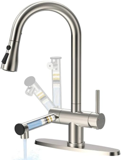 FEELSO Kitchen Faucets with Filtered, Stainless Steel Filter Kitchen Faucet with Pull Down Sprayer Reduces Lead, Chlorine, Bad Taste & Odor,High Arc Kitchen Sink Faucet 1 or 3 Hole for Farmhouse