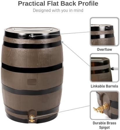 RTS Home Accents 50-Gallon Rain Barrel, Flat Back Rain Water Collection Barrel, Stand Included, Woodgrain with Black Stripes