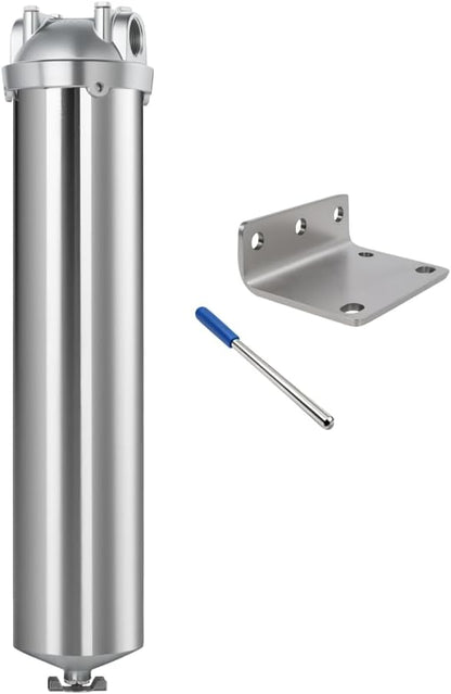 Amwater NSF/ANSI 42 Stainless Steel Whole House Water Filter Housing, 20" x 2.5" Sediment Water Filter System for Heavy Duty, Well & City Water, 1" NPT Port, Drain Valve Style A(Wing)