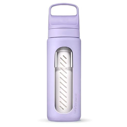 LifeStraw Go — Glass Water Filter Bottle Made from Hand-Blown Glass with Silicone Sleeve for Hydration at Home or on-the-go, 20 oz, Provence Purple