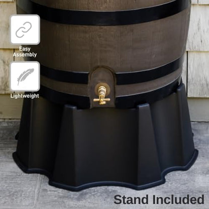 RTS Home Accents 50-Gallon Rain Barrel, Flat Back Rain Water Collection Barrel, Stand Included, Woodgrain with Black Stripes