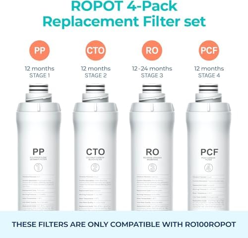 Bluevua Official RO100ROPOT 4-Pack Replacement Filter Set, Pack of 1 PP Filter and 1 CTO Filter and 1 RO Filter and 1 PCF Filter, Bundle