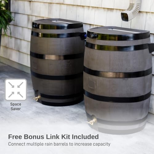 RTS Home Accents 50-Gallon Rain Barrel, Flat Back Rain Water Collection Barrel, Stand and Link Kit Included, Woodgrain with Black Stripes (2 Pack)