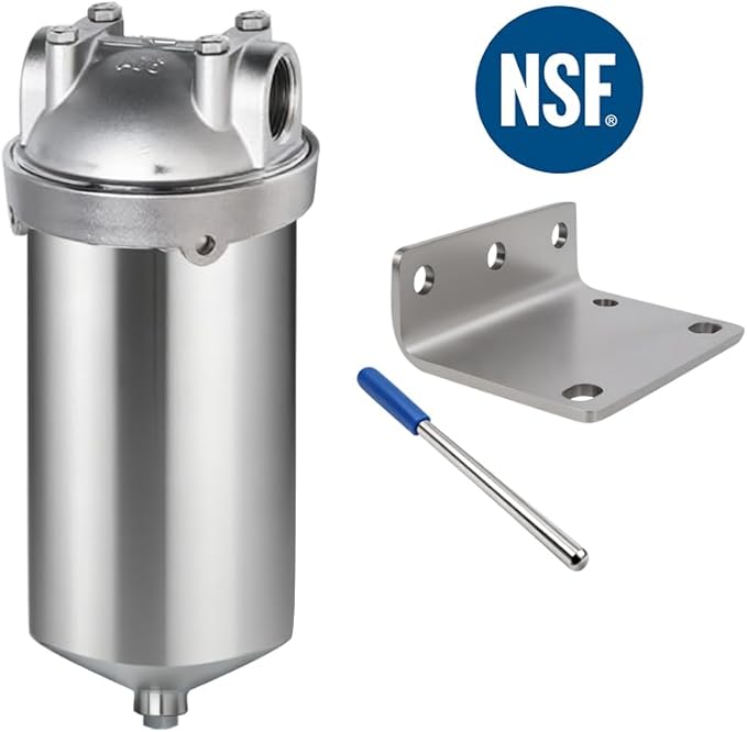 Amwater NSF/ANSI 42 Stainless Steel Whole House Water Filter Housing, 5" x 2.5" Sediment Water Filter System for Heavy Duty, Well & City Water, 3/4" NPT Port, Drain Valve Style C(Square Head)