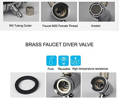 Brass Faucet Sprayer Attachment Sink to Hose Adapter Faucet Splitter with M22 Female Thread and Two Way 3/8 OD RO Tubing outlet for Counter Water Filter