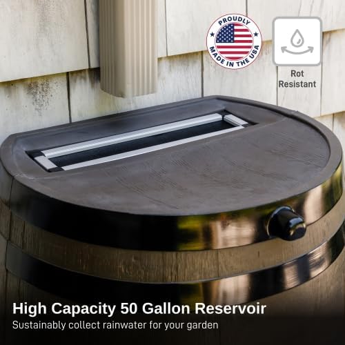 RTS Home Accents 50-Gallon Rain Barrel, Flat Back Rain Water Collection Barrel, Stand and Link Kit Included, Woodgrain with Black Stripes (2 Pack)