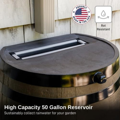 RTS Home Accents 50-Gallon Rain Barrel, Flat Back Rain Water Collection Barrel, Stand and Link Kit Included, Woodgrain with Black Stripes (2 Pack)