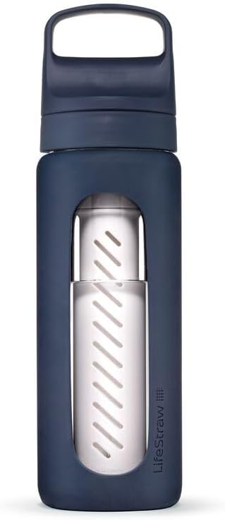 LifeStraw Go Series – Glass Water Filter Bottle Made from Hand-Blown Glass with Silicone Sleeve for Hydration at Home or on-the-go, Aegean Sea, 20oz