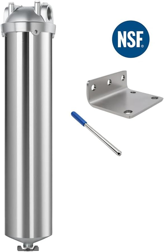 Amwater NSF/ANSI 42 Stainless Steel Whole House Water Filter Housing, 20" x 2.5" Sediment Water Filter System for Heavy Duty, Well & City Water, 3/4" NPT Port, Drain Valve Style A(Wing)