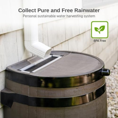 RTS Home Accents 50-Gallon Dual Spigot Rain Barrel, Flat Back Rain Water Collection Barrel, Stand Included, Woodgrain with Black Stripes