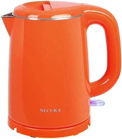 Secura Stainless Steel Double Wall Electric Kettle Water Heater for Tea Coffee w/Auto Shut-Off and Boil-Dry Protection, 1.0L (Orange) SWK-1001DO/HB-K012