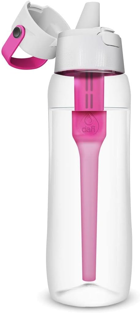 Dafi Filtered Water Bottle with Straw 24 oz - Sports Water Bottle Reusable with Carbon Filter for Travel, Gym, Daily Use - Leakproof, BPA-Free with Hypoallergenic Mouthpiece & Carrying Handle - Pink