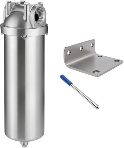 Amwater NSF/ANSI 42 Stainless Steel Whole House Water Filter Housing, 10" x 2.5" Sediment Water Filter System for Heavy Duty, Well & City Water, 1/2" NPT Port, Drain Valve Style C(Square Head)