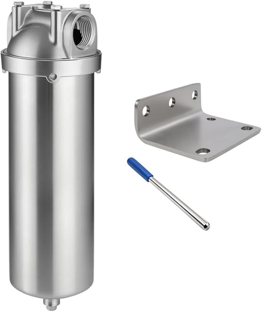 Amwater NSF/ANSI 42 Stainless Steel Whole House Water Filter Housing, 10" x 2.5" Sediment Water Filter System for Heavy Duty, Well & City Water, 1/2" NPT Port, Drain Valve Style C(Square Head)